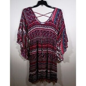 NWT J. Gee Flowy Pink Criss Cross Wide Bell Sleeve Light Beach Dress Size Medium